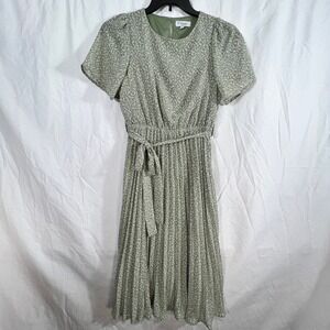 Polagram Floral Midi Dress Green Sage‎ Lined Cottagecore Prairie Pleated Sz S